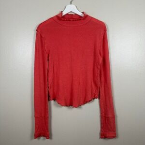 We The Free Women's Large Long Sleeve Top Coral Mock‎ Neck Lettuce Trim Boho